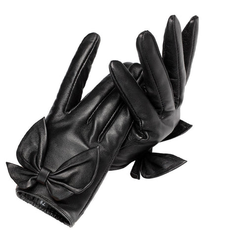 Black Bow Knot Leather Gloves